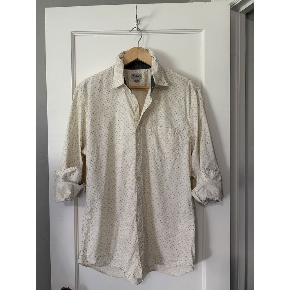 Tailored by J.Crew Men Large Woven Button Down Shirt Yellow Cream Dots Preppy